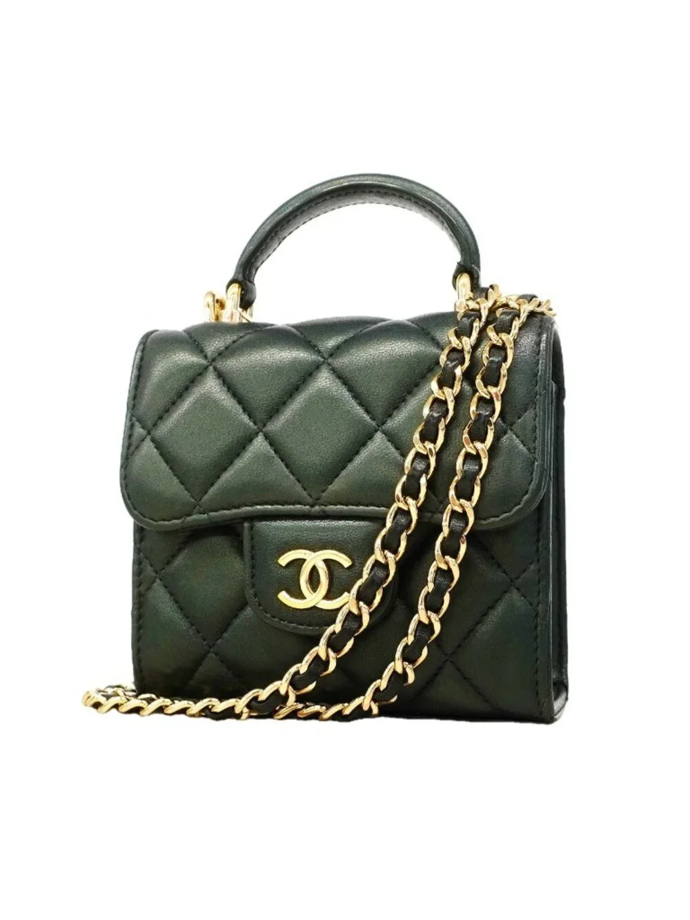 Chanel Handbag Quilted Lambskin Dark Green Champagne Gold 2-Way